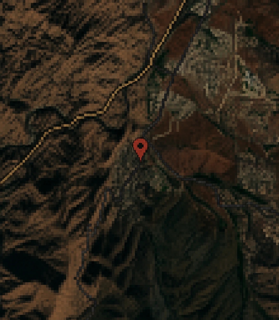 Pixelated satellite map of the Kern Canyon, a red pin marking Bodfish, California