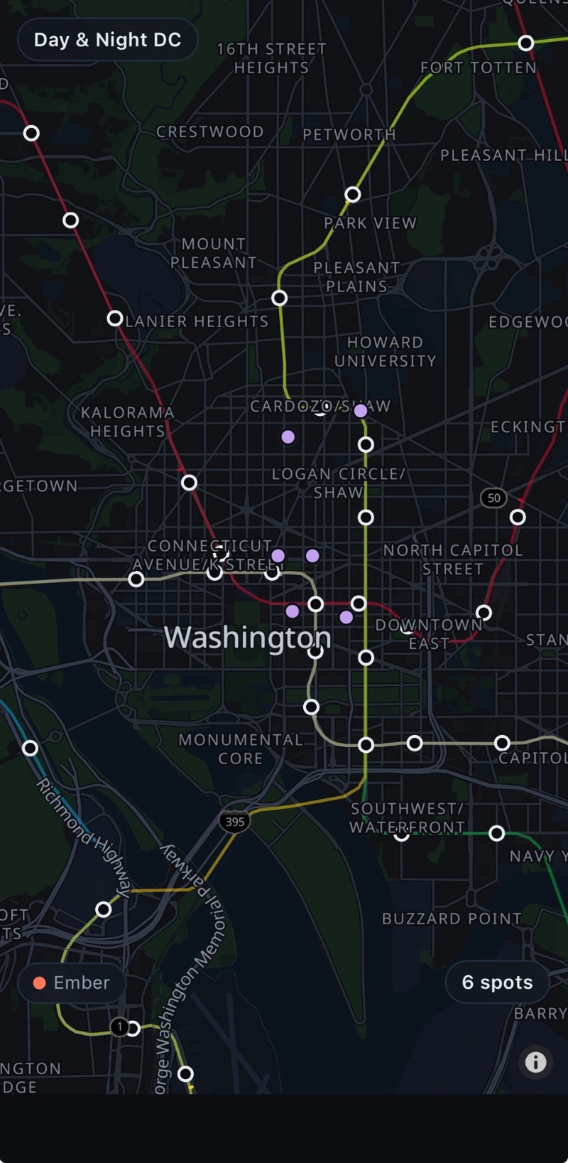 The Day & Night DC night map: Washington drawn around its Metro lines, speakeasy spots marked in violet